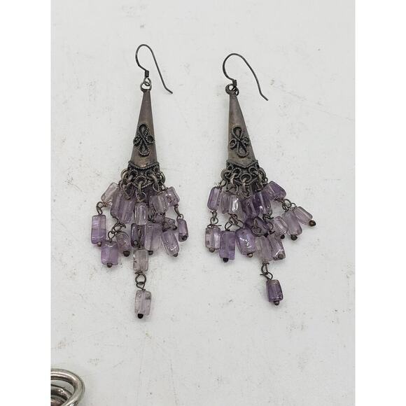 Vintage Silver Amethyst Earrings Chandelier Long Dangle Ethnic Tribal Movement - Picture 2 of 10